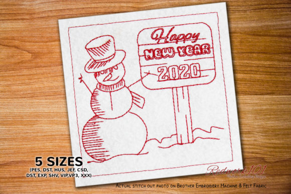 Snowman New Year Sign Board Redwork Embroidery